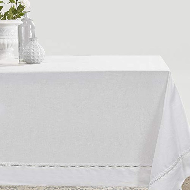 Simple&Opulence Premium 100% Linen Hemstitch Tablecloth-60 x 120 Inch White, Natural Fabric, Rectangular Tablecloth for Indoor and Outdoor Use - Image 1